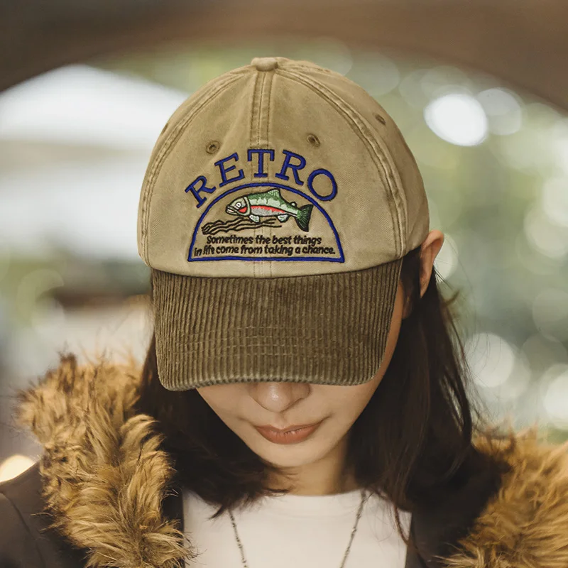 Maden Women's Baseball Cap Vintage Distressed Corduroy Embroidered hat Khaki Curved Daily Cap for Spring Autumn
