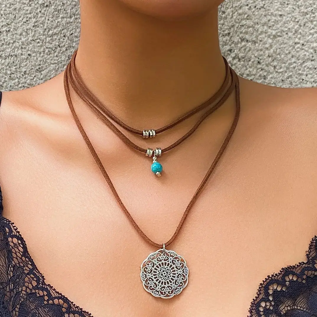 IngeSight.Z Vintage Multilayer Hollow Carved Metal Flower Pendants Necklaces Women Boho Blue Stone Korean Velvet Choker Necklace