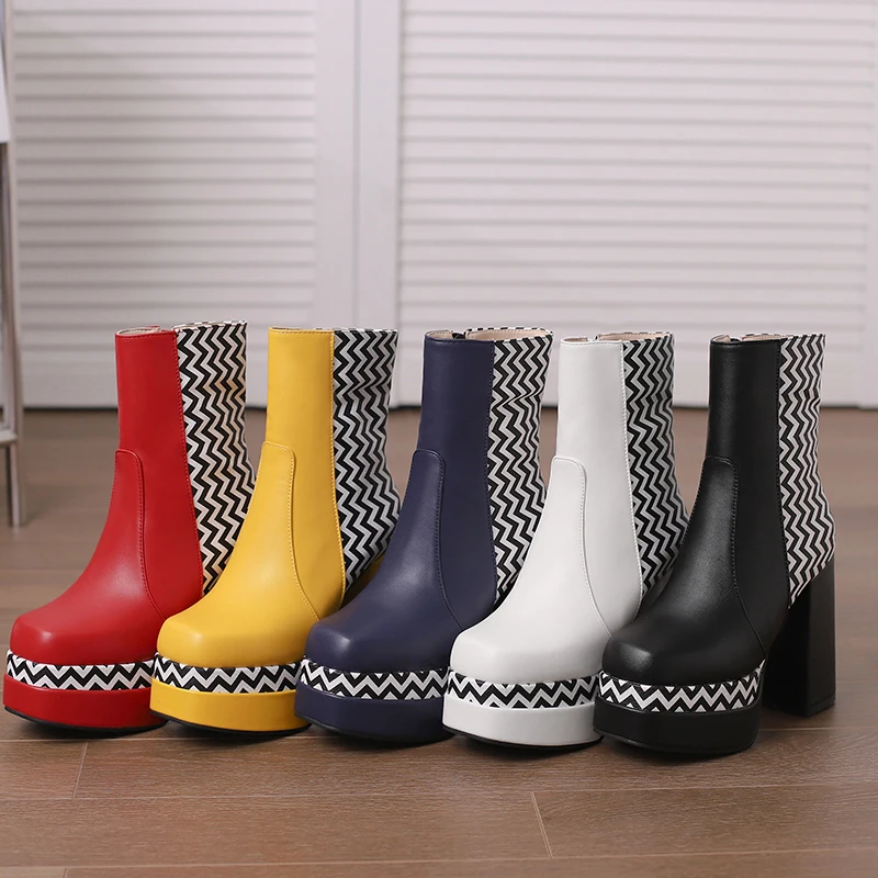 Plus Size Printed Stripe Color Matching Korean Style Fashion Trend Short Boots Platform Super High Thick Heels Women\'s Boots