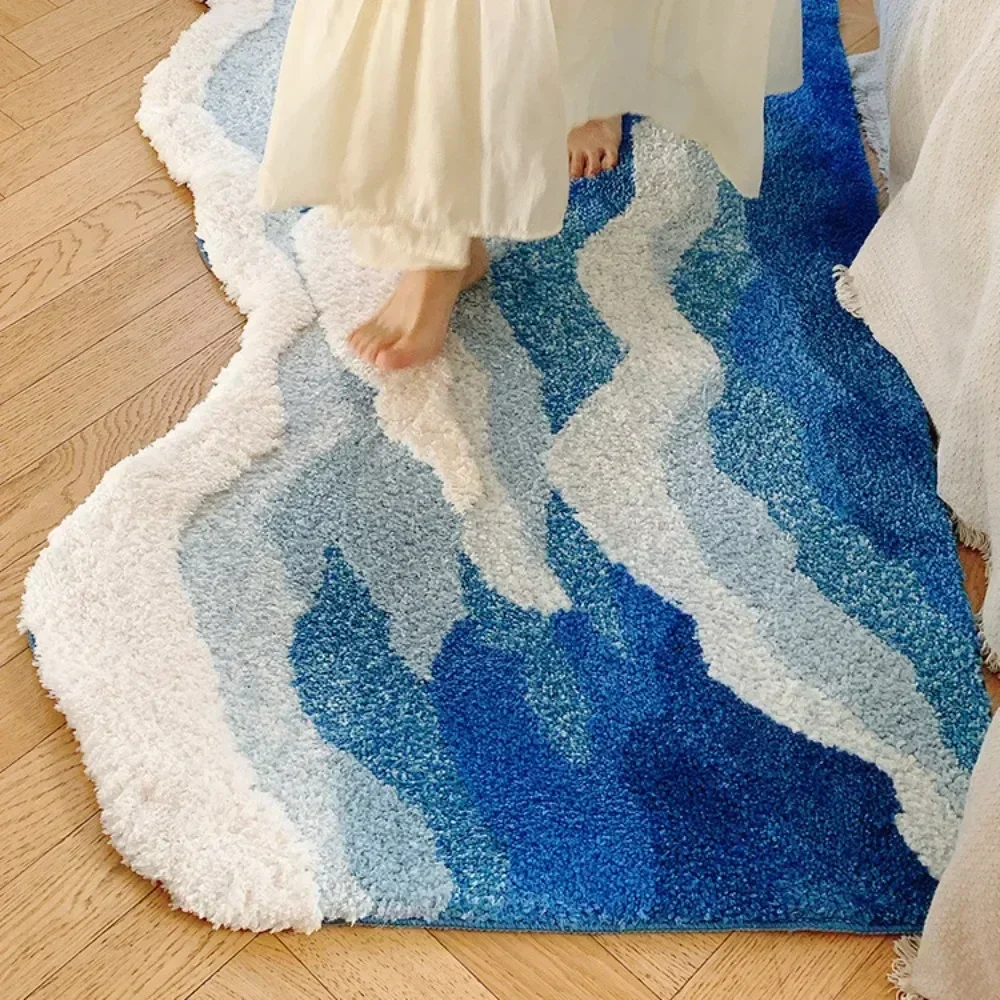 Bedroom Foot Mat Thickened Ins Style Wave Pattern Absorbent Non Slip Mat Shaped Tufting Special Ocean Bedroom Rug Fluffy Soft