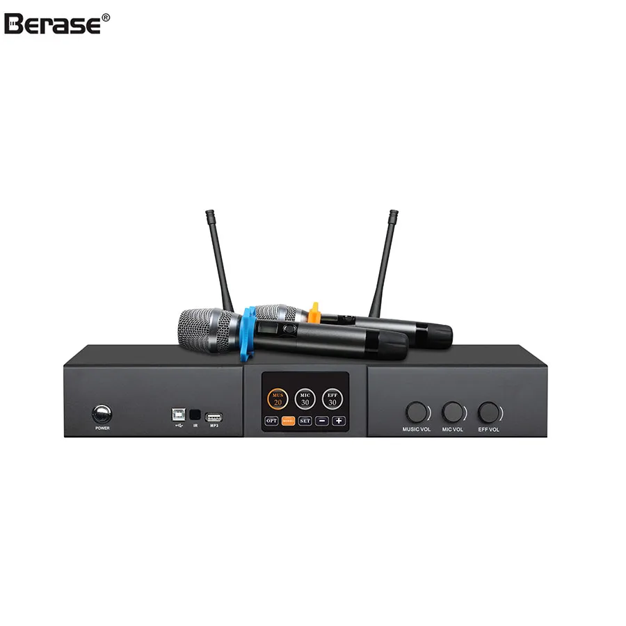 Berase KS-600 Karaoke eindversterker 2 draadloze microfoons Processor Afstandsbediening eindversterker met Bluetooth