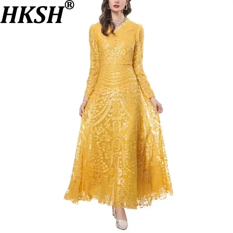 

Женское платье HKSH с пайетками, плиссированное, из сетки, с V-образным вырезом, длинными рукавами, приталенное, А-силуэт, шикарное, элегантное, роскошное, весеннее, HK22545