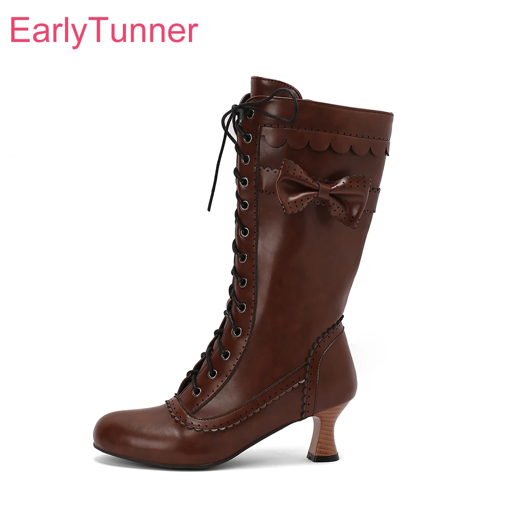 2024 Winter Glamour Brown White Women Mid Calf Boots Hot Lace up High Heels Lady Riding Shoes Plus Big Size 12 43 47 50