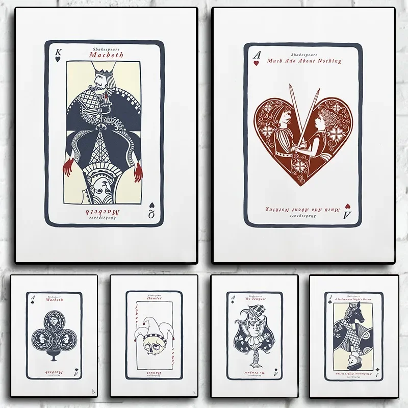 Shakespeare Literary Wall Art Minimalist Playing Card Posters of Othello Midsummer Night's Dream Vintage Book Lover Gift Deco