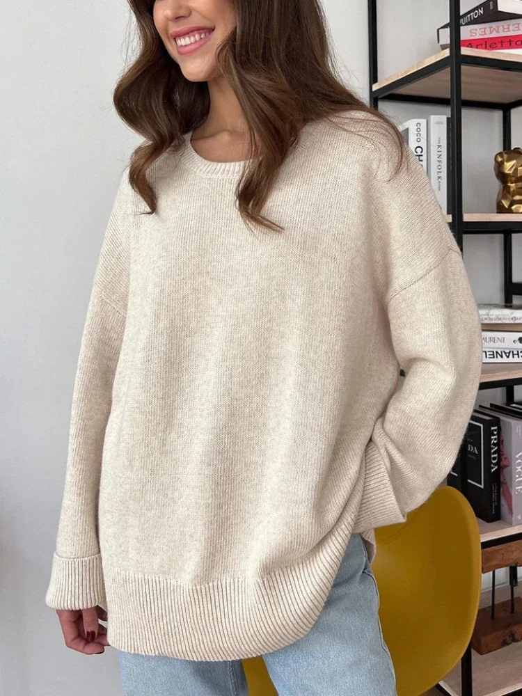 Autumn Winter Women\'s Sweater O Neck Solid Color Knitted Pullovers Split New Oversized Casual Loose Fashion Women Sweaters 2024