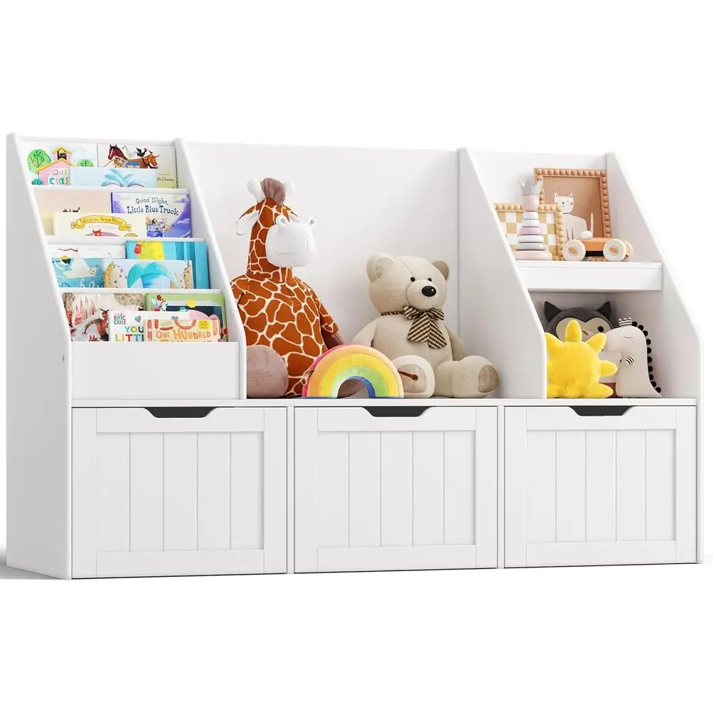 

Children's Bookshelf Storage Organizer with Reading Nook and 3 Moveable Chairs, White, Painted