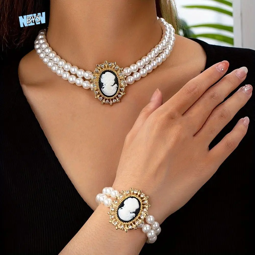 

Beaded Pearl Jewelry Sets Zircon Multi-layer Necklace Bracelet Earring Set Vintage Light Luxury Bridal Jewelry Sets Bride