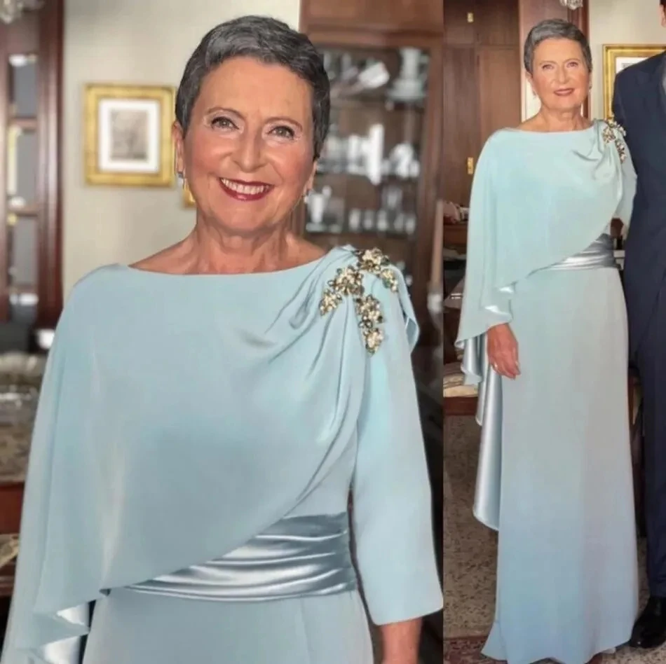 

2025 Modern Sky Blue Mother of The Bride Dress Boat Neck Long Sleeves A-line Wedding Guest Party Gowns New