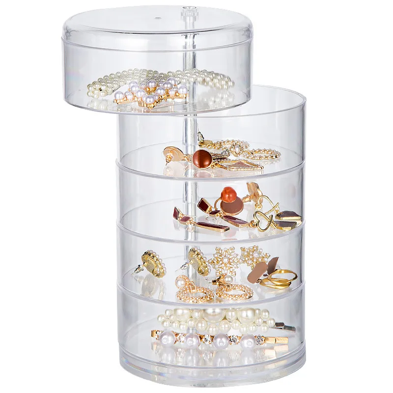 Rotating Jewelry Storage Box Makeup Storage Rack Bracelet Earring Round Plastic Organizer Boxes Holder Display Rack with Cover