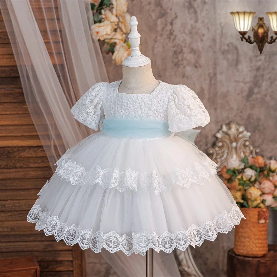 Cute Girls White Lace Tulle Dress Blue Waistband Puff Sleeve Princess Birthday Party Formal Ball Gown Kids Pageant Dress ASQ03