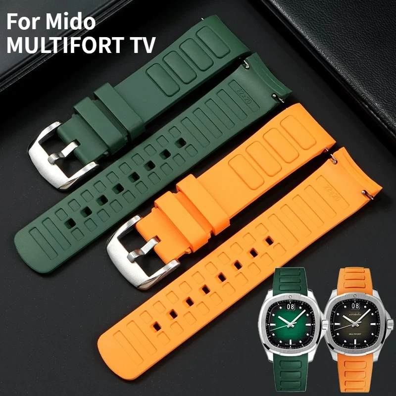 Silicone watch strap men for original Mido MULTIFORT TV Grey dial orange rubber strap M049 gradient green watchband