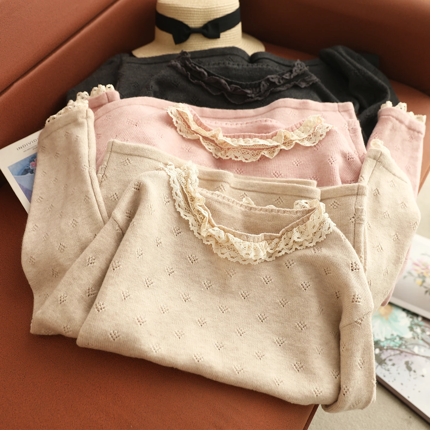 

Japanese Sweet Mori Girl Solid Color Lace Patchwork Knitted Pullovers Women Spring Autumn O-Neck Long Sleeve Casual Sweater Tops