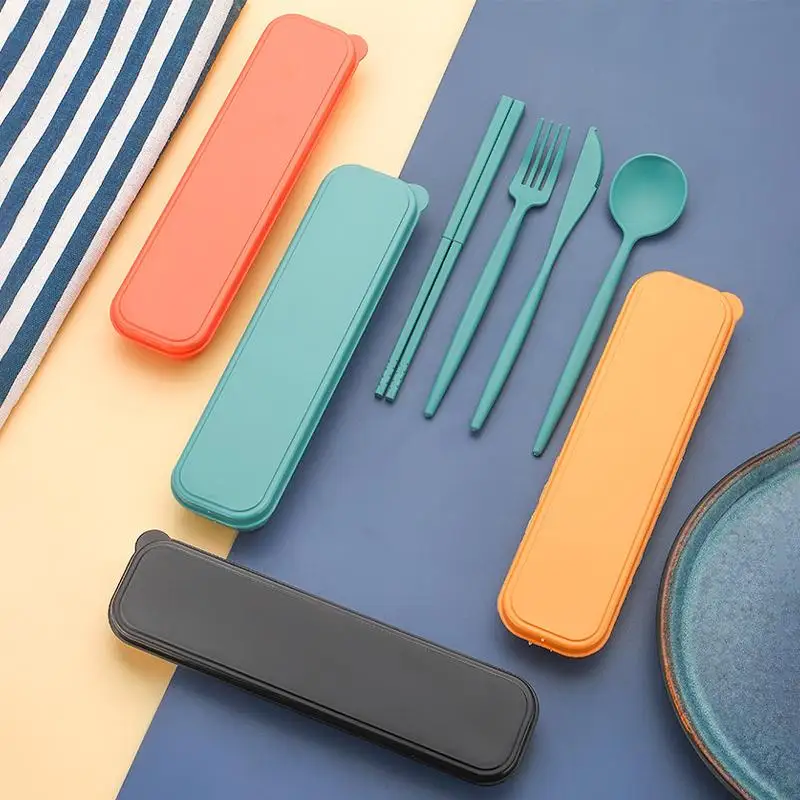 4-piece Portable Utensils Healthy Eco-Friendly Wheat Straw Cutlery Reusable Chopstick Fork Knife Spoon Set