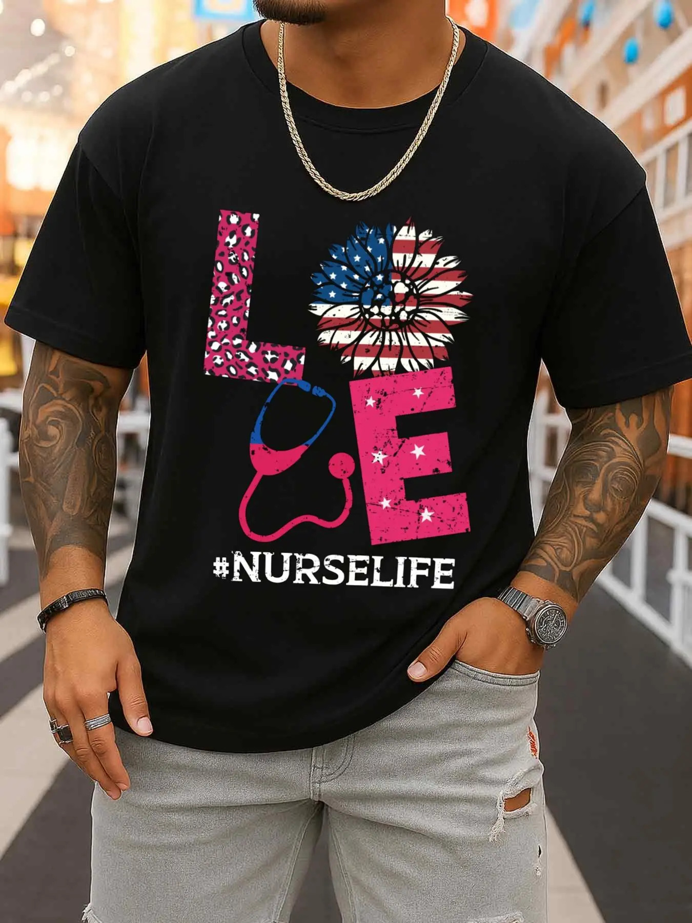 Camiseta American Nurse Life, cuello redondo para hombre, estilo urbano elegante negro estilo hip-hop, top deportivo para todas las estaciones, look deportivo a la moda, ropa deportiva duradera, ropa informal de fin de semana, diseño único, estampado de verano, regalo de Pascua