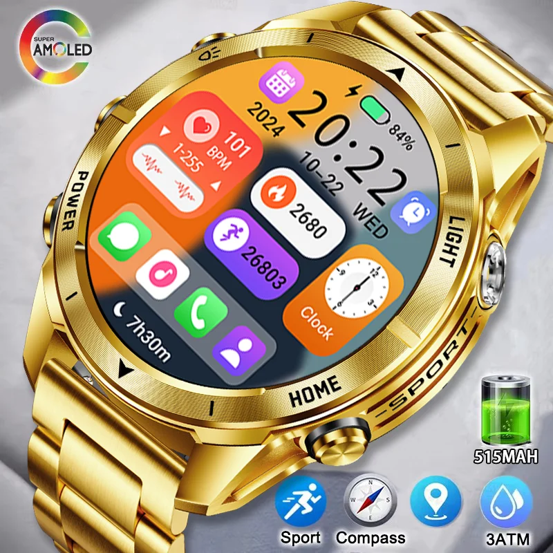 

2025 Luxury LED Flashlight, Gold Smartwatch, IP68 Waterproof, Bluetooth Call, 515MAH Large Battery, Suitable For Android Huawei