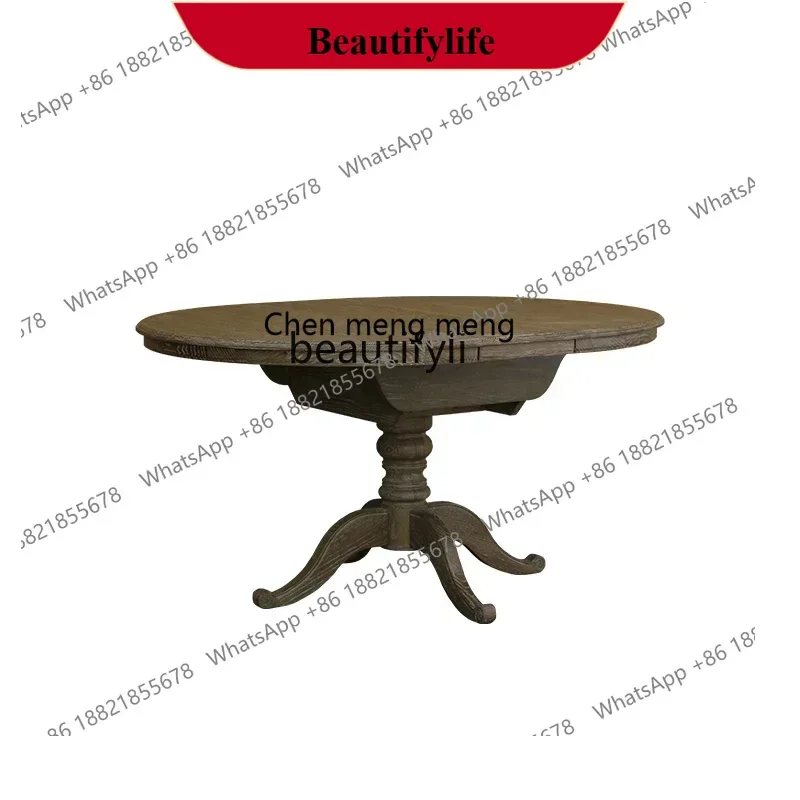 z183 Y American all solid wood round dining table, a set of retractable retro oak dining table and chairs for home use