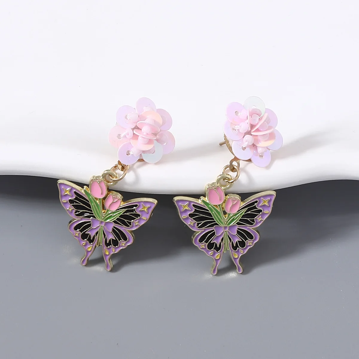 New dripping oil multi-color simulation tulip butterfly earrings New Chinese enamel gradual change butterfly light luxury temper
