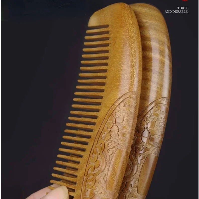 Green Sandalwood Hair Comb Handmade Fine Toothed Wooden Comb Large Moon Shaped Comb for Long Short Curly Straight Hair