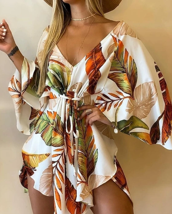 

Mini Dresses for Women 2024 Spring Summer Urban Style Short Sleeved V-Neck Printed Bat Sleeve Elegant Sexy Short Dress