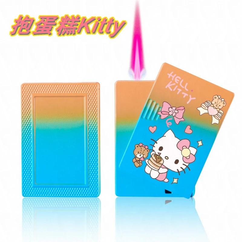 New Sanrio Kawaii Cartoon Hello Kitty Lighter Metal Jet Torch Pink Flame Poker Lighter Windproof Playing Card Lighters Funny Toy