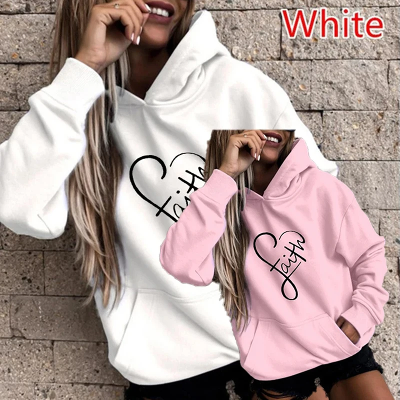 

2024 New fashions Autumn Winter Ladies Hoodies Casual Women's Faith Print Hoodies Long Sleeve Hooded Sweatshirts Pullover tops