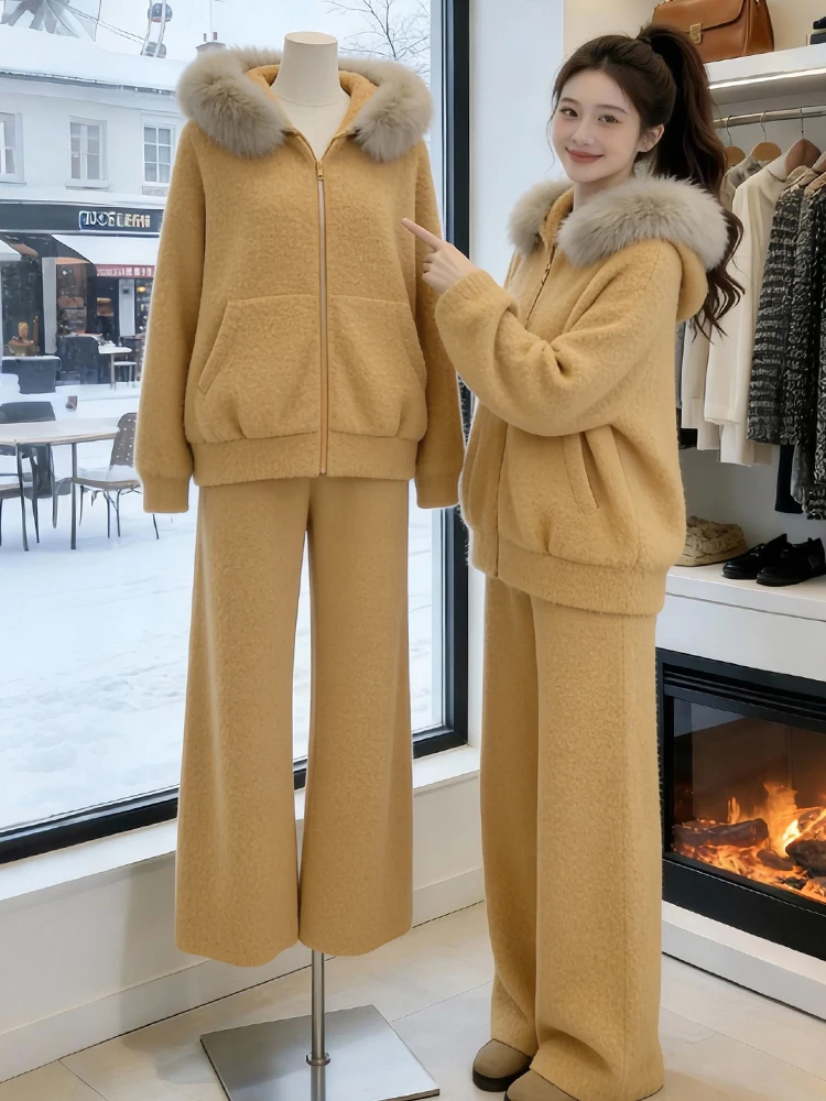 

Cloud-Wrapped Winter Gentle Sweatirt Jaet High Waist Wide Leg Two-Piece Set Women Lazy Sle Casual Sportswear Ensemble