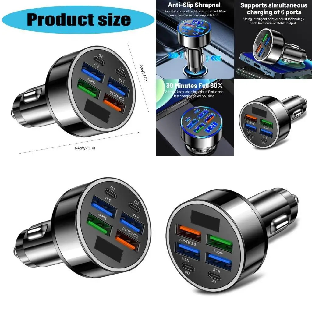 

Y1UB Universal 6Port Car Digital Screen For Rapid Device Charging Adapter USB C Car PD5V-3.1A QC3.0 Port