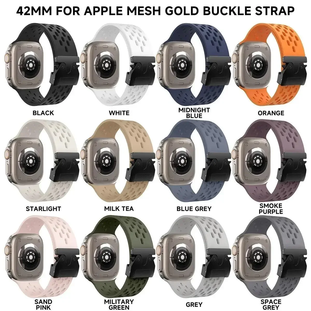 Дышащий силиконовый ремешок для Apple Watch Band 10 46 мм 44 мм 45 мм 42 мм с металлической пряжкой Correa для IWatch 10 9 8 7 6 5 4 SE Ultra 2 49 мм