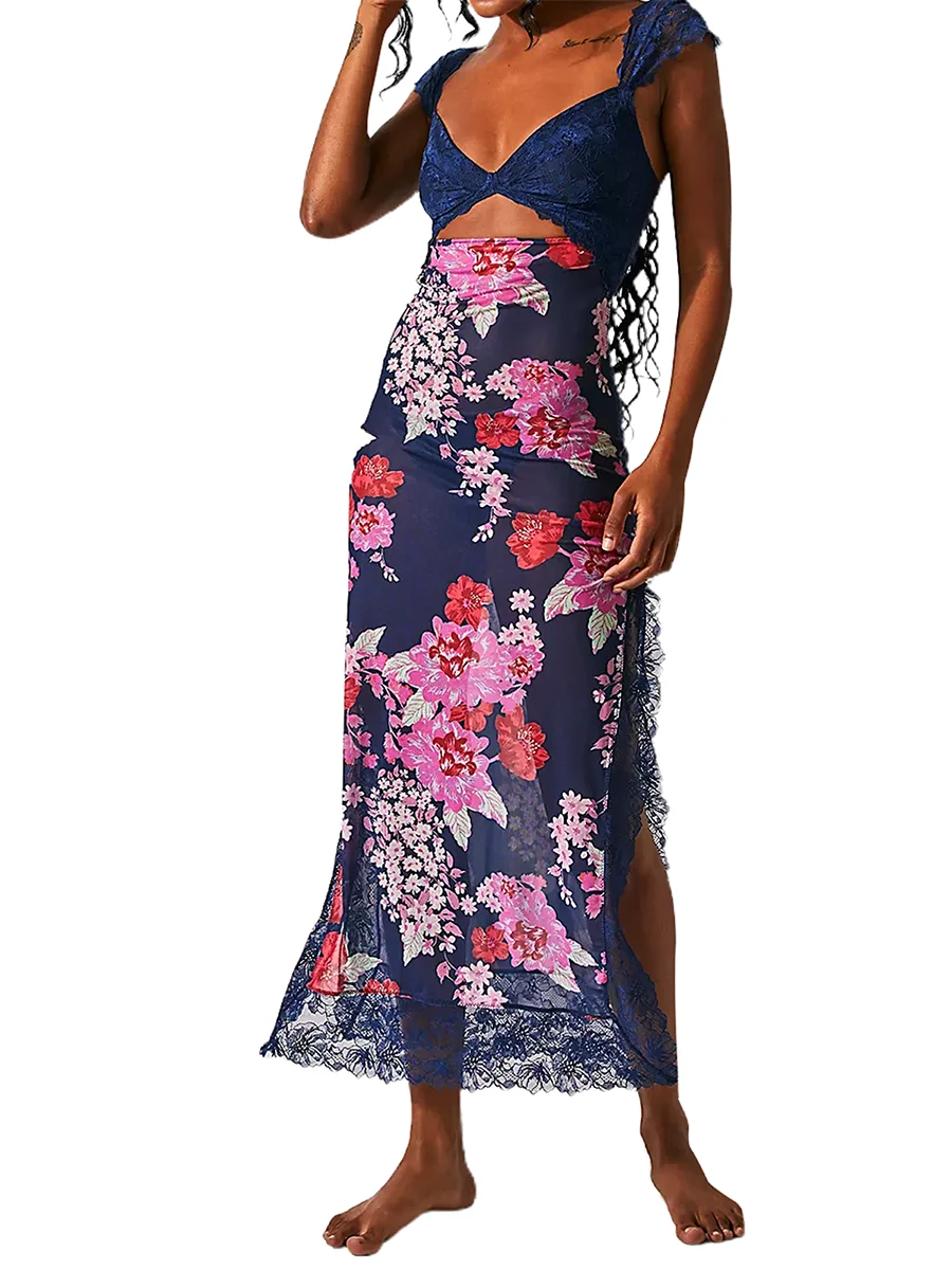 Women Elegant Long Bodycon Dress Retro Floral Print Lace Patchwork Cutout Dress Summer Chic Sleeveless Backless Party Dress