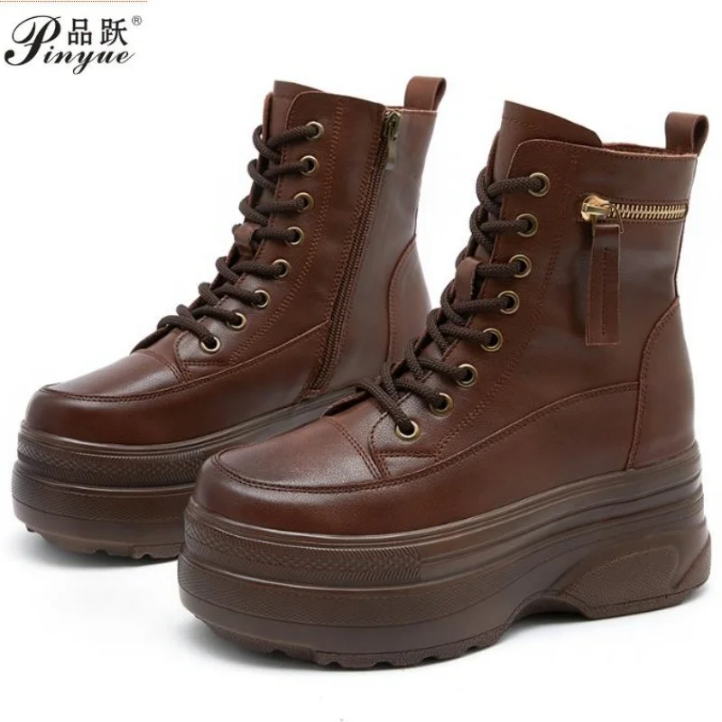 

8cm Ankle Boots Platform Women Genuine Cow Leather Short Boots Round Toe Height Increasing Thick Sole Ladies Shoes Handmade boot