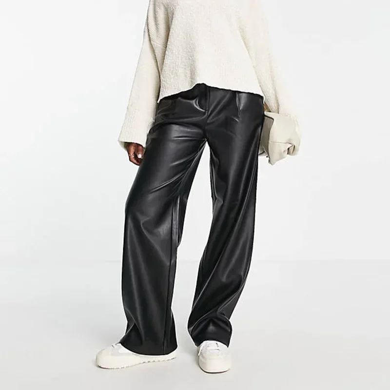 

Women Casual Matte Leather Trousers High Waist Stretch PU Straight Leg Pants Ladies Loose PU Trousers Party Clubwear Custom