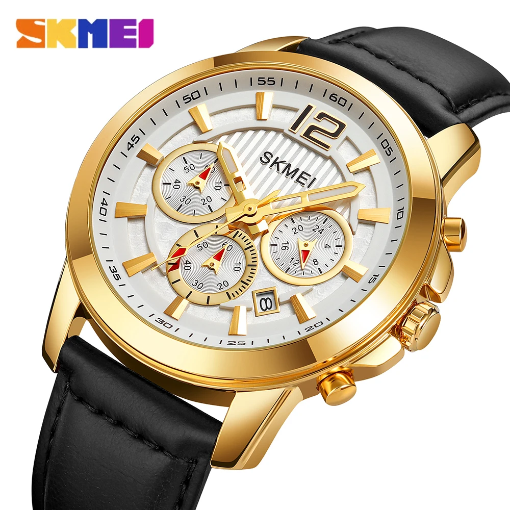 

SKMEI 2023 Top Luxury Brand Watch Business Leather Strap Chronograph Quartz Wristwatches For Men Luminous hands Colck Male