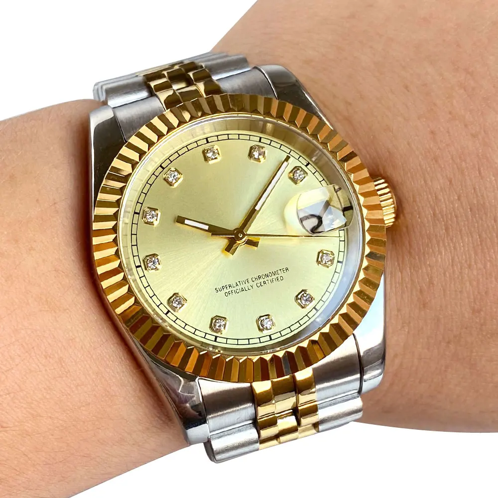 

Tandorio 36mm High Precision NH35 Automatic Movement Men Date Dive Watch Sapphire Crystal 20ATM Diamond Index Two tone Jubilee