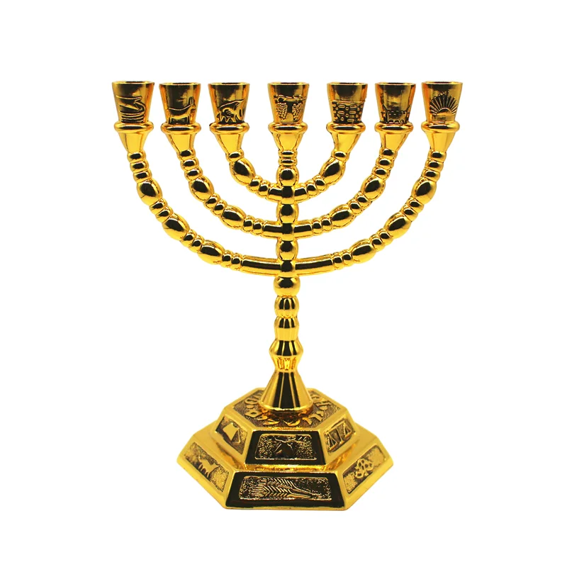 Menorah Candelabra for Home Decoration, Candle Holder, Judaica Hanukkah, 12 Tribes Gold Color Candlestick, Alloy Religious Decor