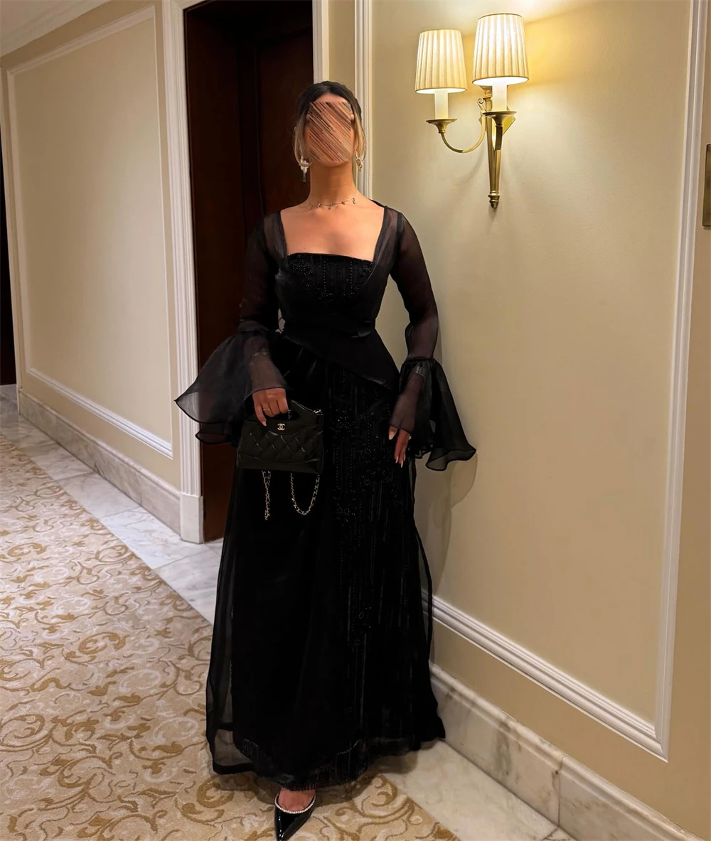 

Нежное черное вечернее платье из органзы по индивидуальному заказу, элегантное платье без бретелек с длинными рукавами и скользящим шлейфом, блестящее вечернее платье