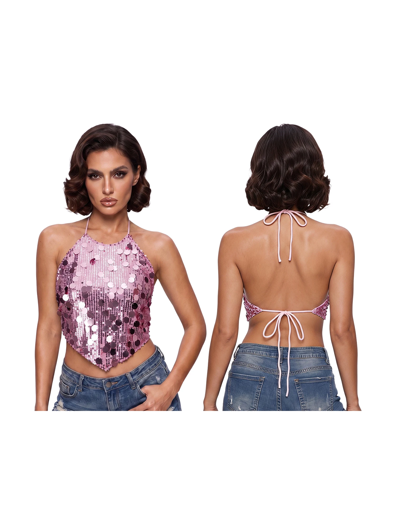 Damen Einfarbige Pailletten-Neckholder-Tops Sommer Rückenfreie Glitzernde Crop-Weste – Detail 9