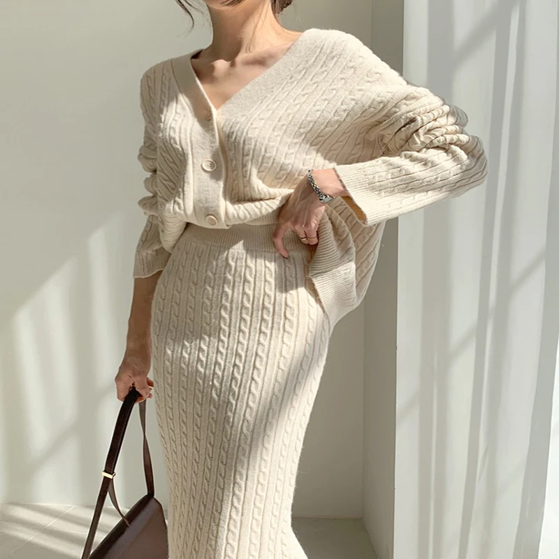 

Women's Lazy Temperament Slim Personality Knitted Sweater Women Cardigan Jacket Package Hip Knee Skirt Sexy Bold Vneck Clothing
