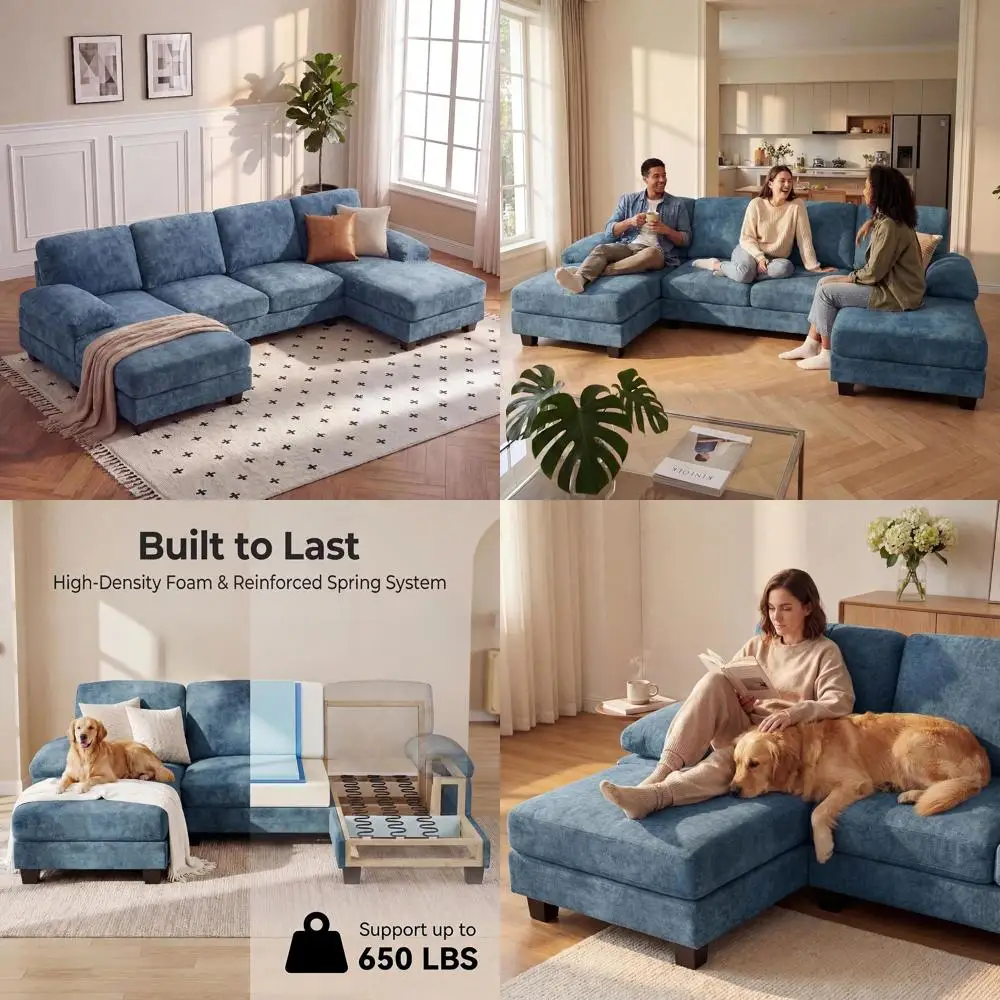

Blue Chenille 4-Seat U-Shaped Sofa with Removable Washable Covers and Double Chaise
