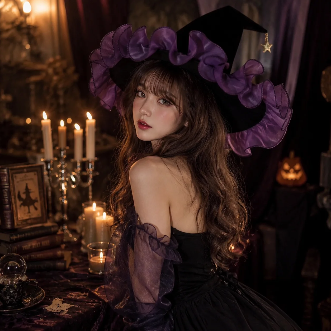Black Purple Witch Hat Lace Wizard Hat Magic Hat Lolita Cosplay Headwear Halloween Party Ball Costume Hair Accessory Decor