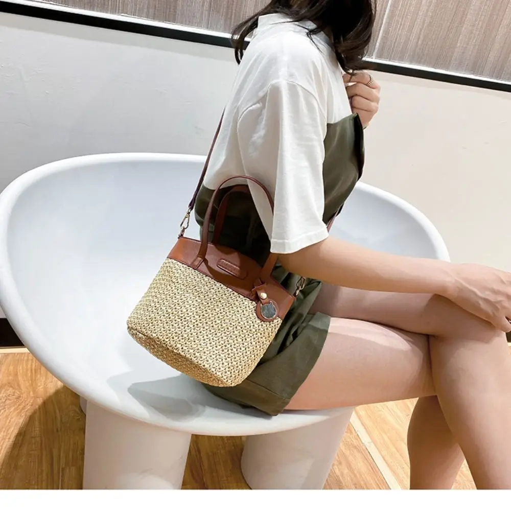 Faashion Straw Beach Bag Vintage Handmade Ladies Shoulder Bags Designer Strap Handbag Pu Patchwork Messenger Crossbody Bag