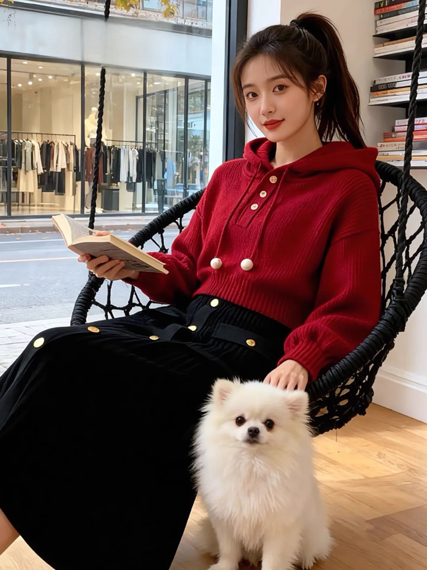 Zoete zachte Cisas rode trui met capuchon dames Sle herfst winter 2025, nieuwe afslankende veelzijdige basislaag top