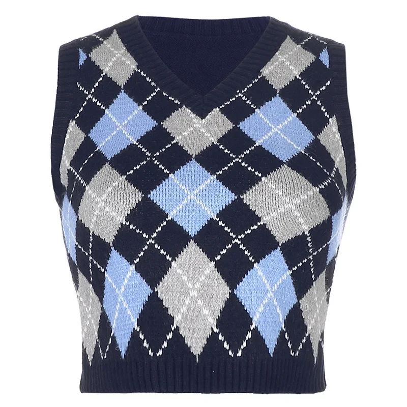 

Blue Argyle Knitted Short Sweater Vest Women Cottagecore V Neck Acrylic Thin Sweater Vest 2023 Spring Autumn New Plus Size Red