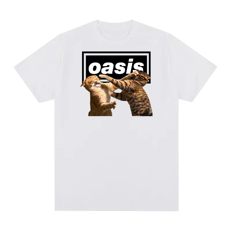 2026 New Cat Vintage T-shirt Oasis Band Rock Music Retro Casual Y2k Clothing Trendy Cotton Men T Shirt New Te