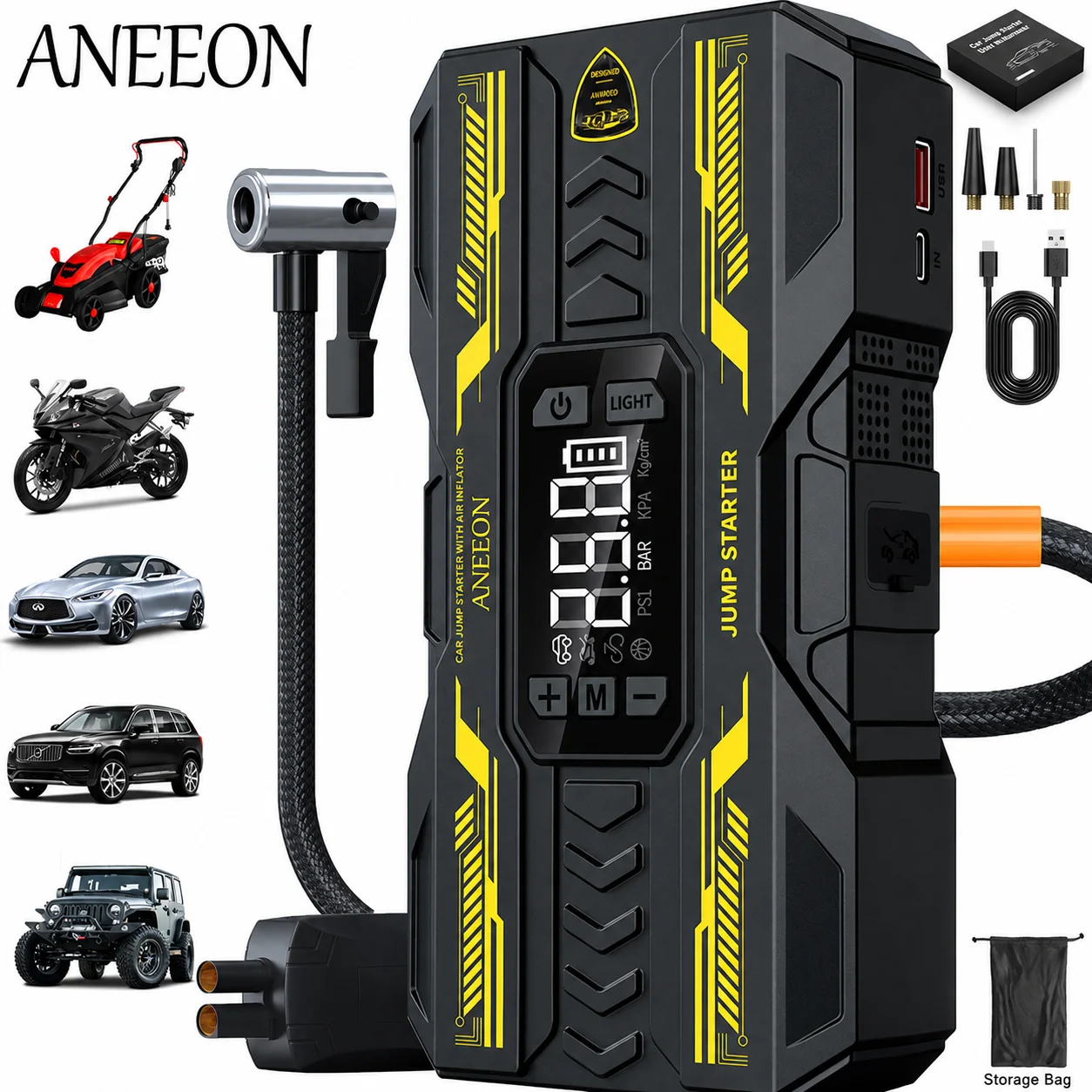 ANEEON Portable Car Emergency Jump Starter with Tire Inflation Function, Portable Battery Booster Pack, Featuring Emergency Start, Tire Inflation, USB Input/Output, LED Lighting, LCD Digital Display - Multi-functional Automotive Repair Tool, Essenti