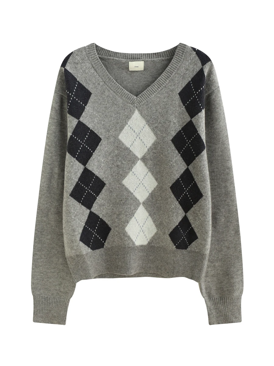 Retro College Style Long Sleeve V-Neck Knitted Sweater Set of 5 Diamond Pattern All-Match Warm Winter Tops for Young Women