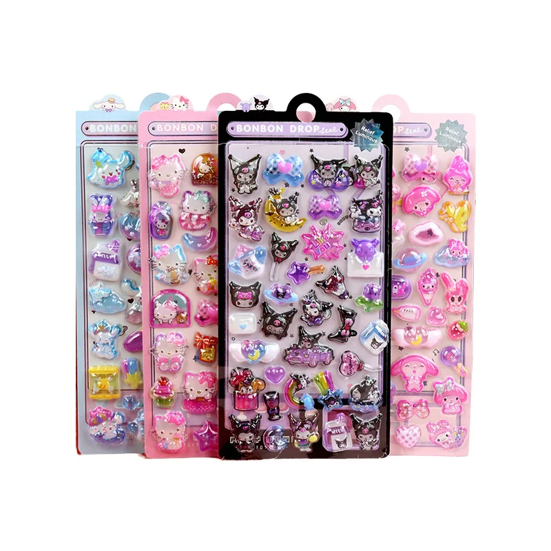 8-24 pezzi Sanrio Personaggi Originalità Luminoso Adesivo in rilievo 3d Adesivi decorativi adorabili impermeabili Adesivo in cristallo di cartone animato