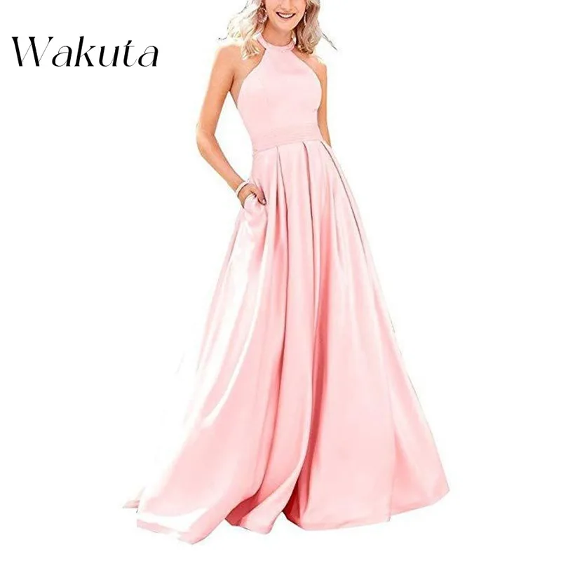 Wakuta American Vintage Neck Strapless Solid Long Evening Robe Sexy Cross Backless Prom Cocktail Banquet Evening Gowns שמלה ערב