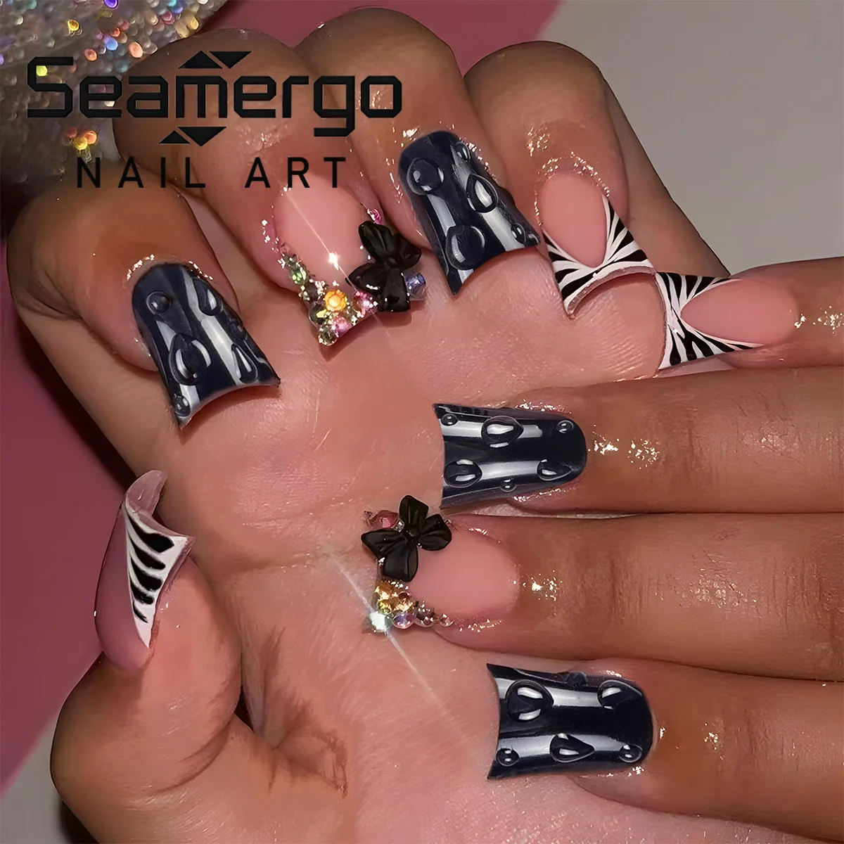 

24PCS Y2K False Nails Black White Zebra Stripe Duckbill Press on Nails 3D Bow Knot Water Drop Design Rhinestone Decor Punk Cool