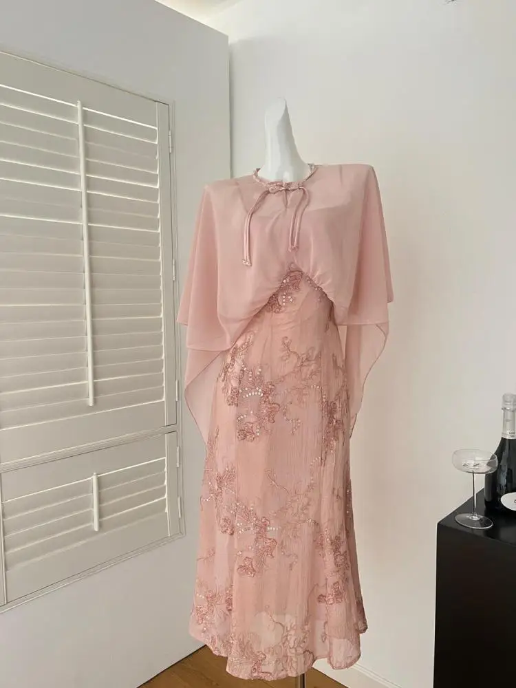 

Винтажный комплект из двух предметов в китайском стиле, женское розовое элегантное сексуальное длинное платье с вышивкой и нерегулярные топы с короткими рукавами