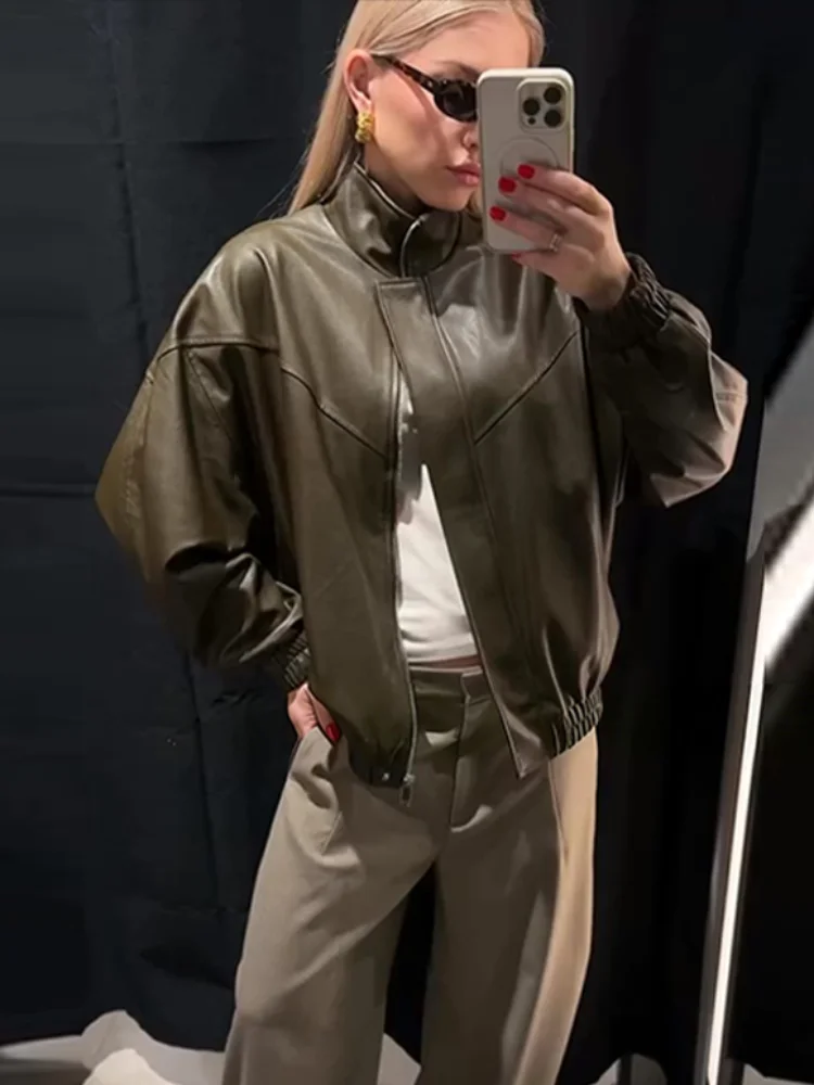 Giacca da donna in PU con colletto alla coreana Giacche casual in ecopelle con cerniera a maniche lunghe allentate 2026 Spring Street Lady Novità in capispalla